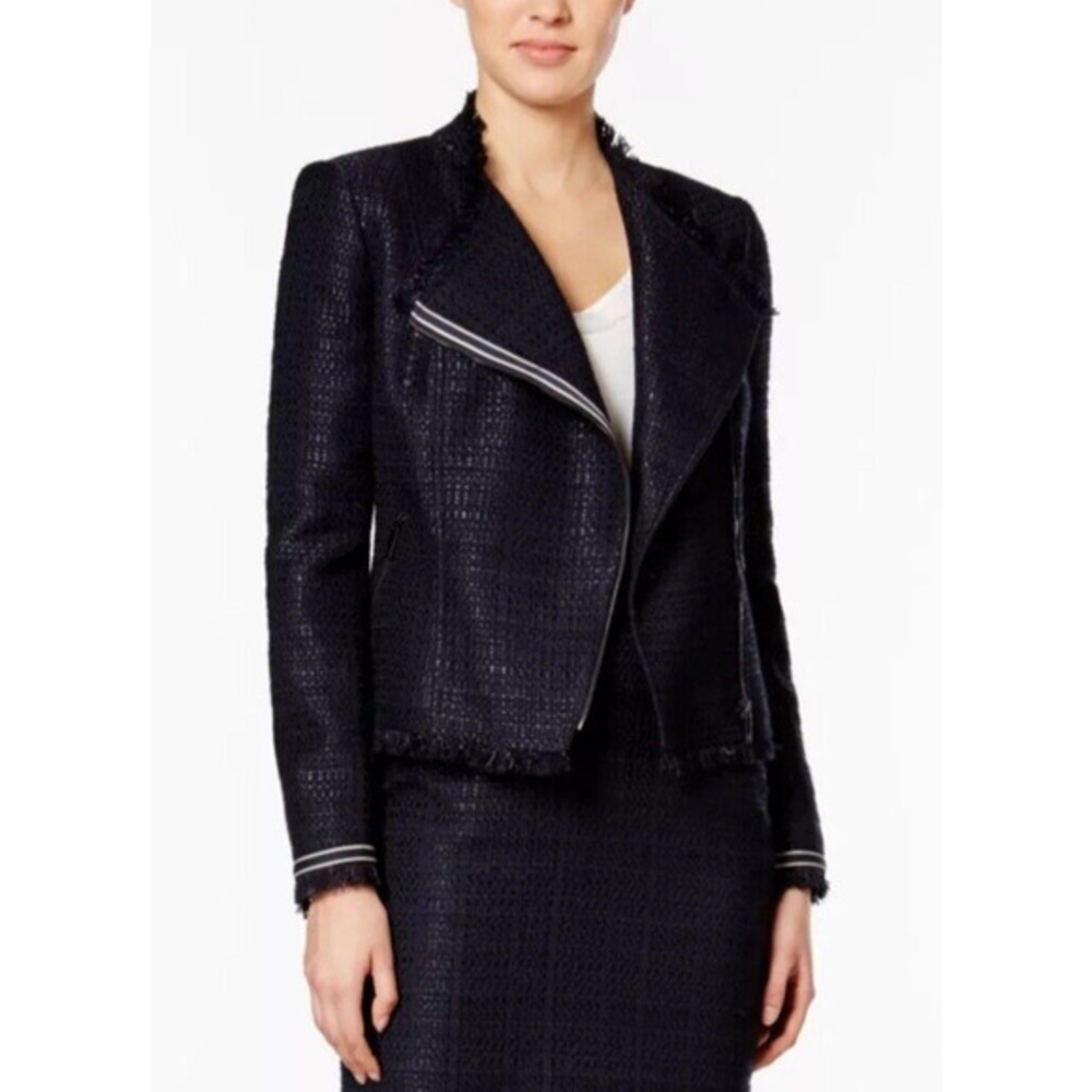 NWT‎ Tommy Hilfiger 12 Navy blue Fringe textured jacquard zip front Moto Jacket